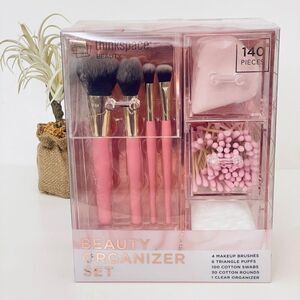 NWT Thinkspace Beauty 140 Pieces Clear Pink Organizer Set 4 Brushes, Cotton etc